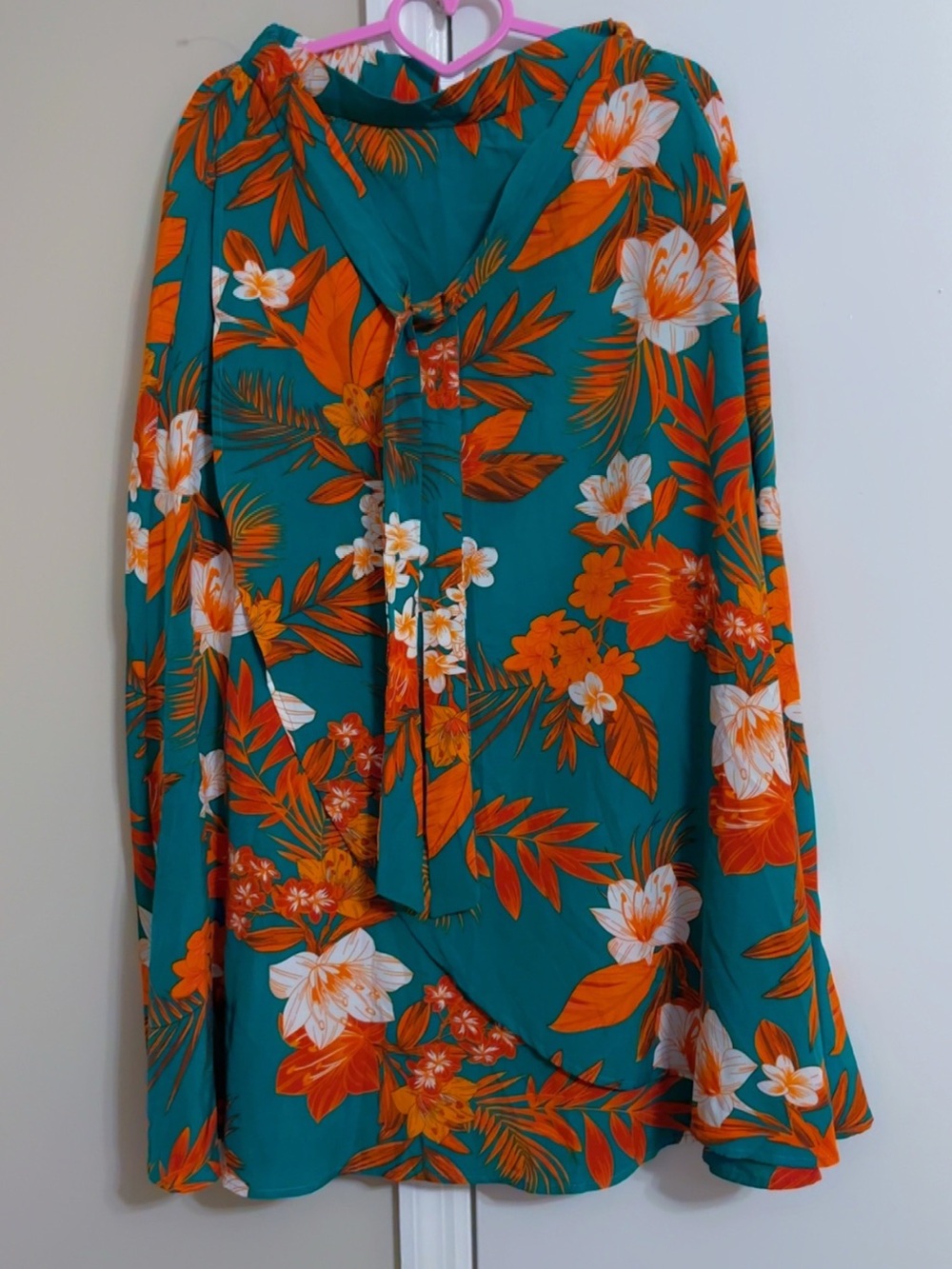 Teal Floral Tie-Back Blouse with Orange Accents